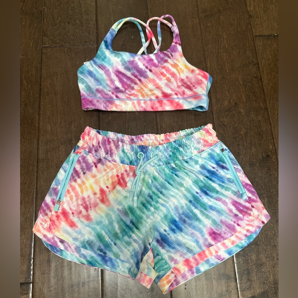 Athleta girl rainbow all play shorts and upbeat bra.